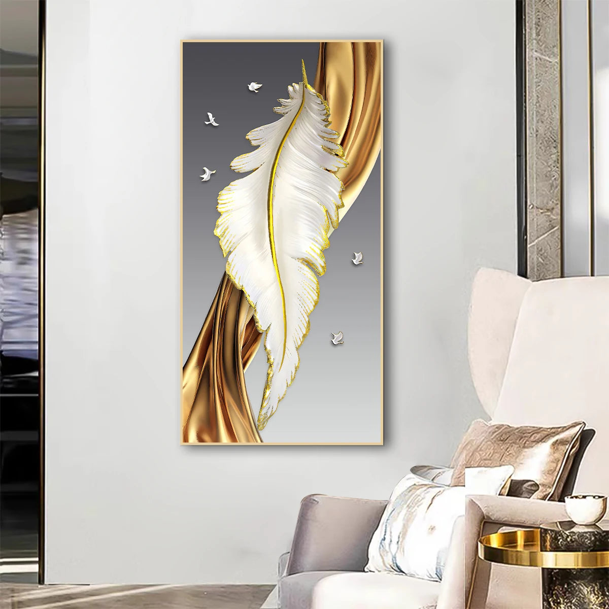 Luxury White Golden Feather Canvas - VEESORA 